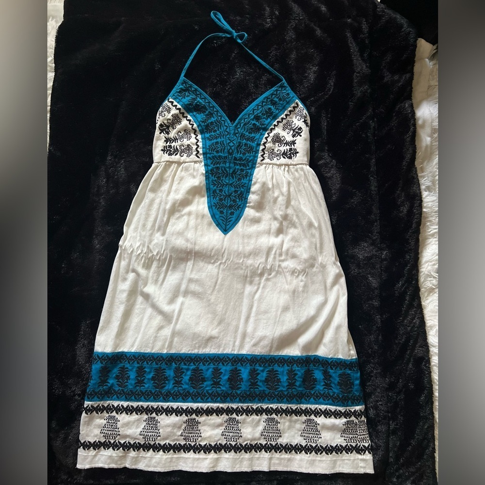 🔥3 for $25🔥 EUC- CUTE WHITE AND TEAL HALTER DRESS SZ S - Picture 3 of 7